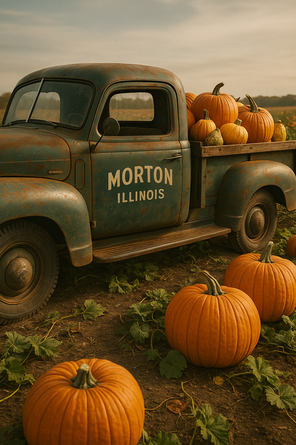 Vintage truck in pumpkin field